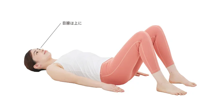 仰向けに寝た状態から両手を床に置き、両足は軽く開いて膝を立てる