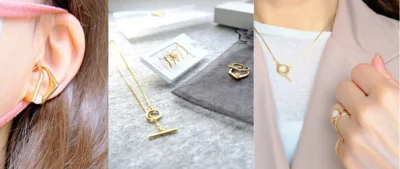 イアカフとネックレス、リングの３点コーデ。Tシャツやシンプルな洋服にシンプルアクセがあるだけで…なんかいい感じ！（▷次も着用画像）