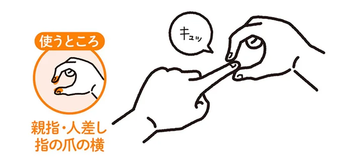 左手の人差し指の爪の脇を キュッと挟み、7秒押す