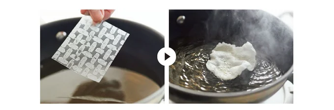 ライスペーパーは揚げ油に入れると、一瞬でふくらむ。くっつかないように少量ずつ揚げて。