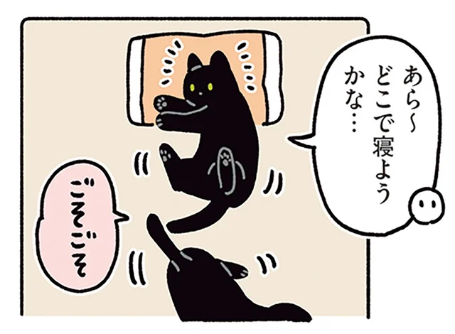 「どこで寝ようかな…」飼い主の枕で寝る黒猫に声をかけてみた／黒猫ろんと暮らしたら5（6）