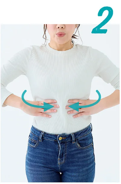 2．コルセット筋を自動ドアに見立て、その扉がゆっくりと閉じるようなイメージで、フゥ～フゥ～と1秒ずつ口から息を吐きながら、おなかをへこませる▶︎次の画像へ