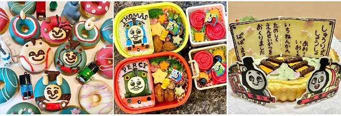 トーマスタウン賞(左から、mikijiさん「デコレーションドーナツ」、natsukoさん「兄弟の幼稚園のお弁当」、ao.io_mamaさん「チョコプレートつきケーキ」