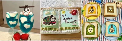 トーマスタウン賞（左から、まちさん「ゼリーデザート」、越山 満美子さん「デコレーションケーキ」、3a6b6c3a6b6cさん「サンドイッチ」）