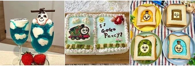 トーマスタウン賞（左から、まちさん「ゼリーデザート」、越山 満美子さん「デコレーションケーキ」、3a6b6c3a6b6cさん「サンドイッチ」）