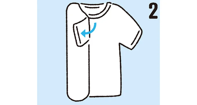 半袖の部分をしわにならない角度で矢印の方向に折り返す。