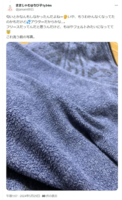 匂いとかは無かったとのこと。これは洗う前の写真です▶次の写真では洗う前の服をもっとよく見てみます（⇒次へ）
