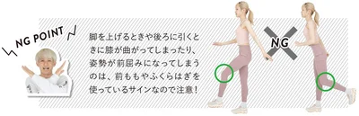 脚を上げるときや後ろに引くときに膝が曲がってしまったり、姿勢が前屈みになってしまう