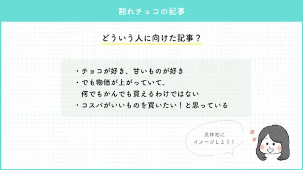 完成した記事の見本だけでなく、完成にいたるまでの思考過程を見せてくれる点が印象的でした！　ターゲットの考え方や構成など、各段階のお手本も見せてくれるので、自分がどこでつまずいているのか分かりやすいんです。