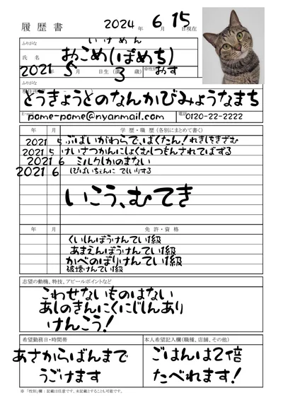 おこめくんの履歴書でした。「あさからばんまでうごけます」って元気すぎるでしょ！▶こんなことも書いてありました！（⇒次へ）