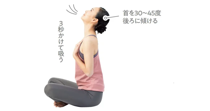 2.首を後ろに傾け鼻から息を吸う▶︎3. に続く(次へ→)
