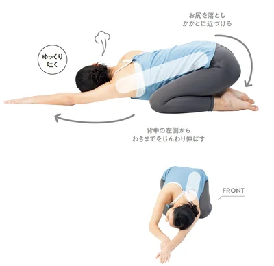 3．腰を左にひねり右ひじを左ひざに近づける▶︎次は余裕があればプラスしたい「胸椎リセット呼吸」（次へ→）