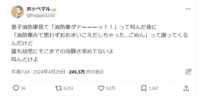 「消防車ダァーッ！！」からの「ごめん」のギャップがたまりませんね！▶ホッペマルさん渾身のお弁当！まるで動物園みたい！（⇒次へ）