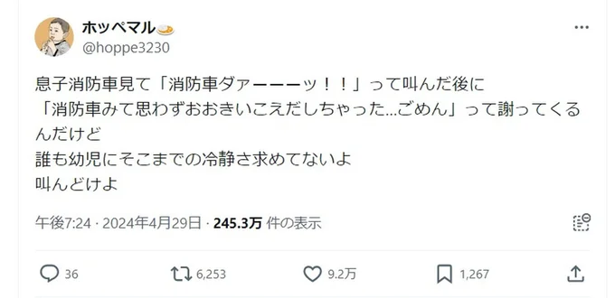 「消防車ダァーッ!!」からの「ごめん」のギャップがたまりませんね!▶ホッペマルさん渾身のお弁当!まるで動物園みたい!(⇒次へ)