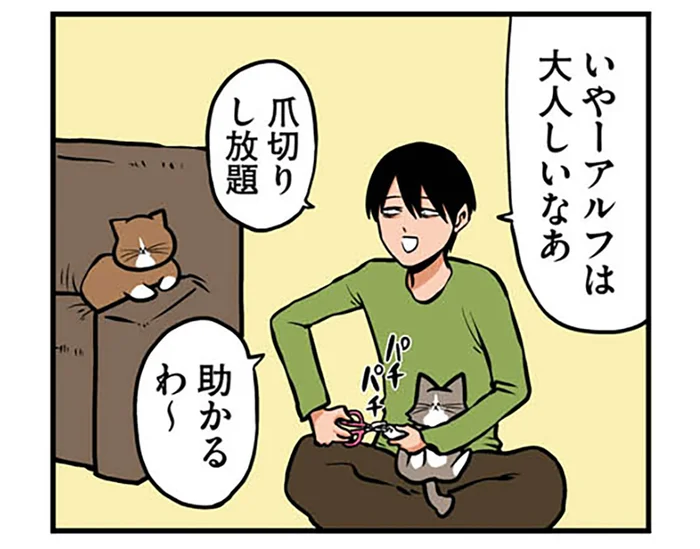 「爪切り放題、助かるわ」後輩猫を褒めることで先輩猫の爪を切りやすくする作戦