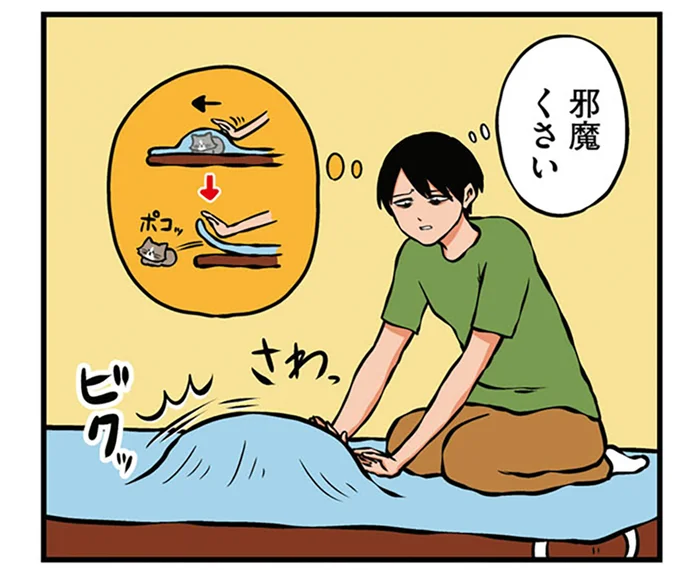 布団と敷きパッドの間に入る子猫、どかそうとしたらパニックに!?