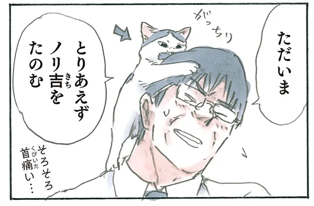 嬉しいけど首が痛い！ 猫たちの「おかえり」攻撃にやられる日／拾い猫のモチャ6（7）