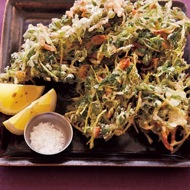  豆苗かき揚げ　https://www.lettuceclub.net/recipe/dish/24578/