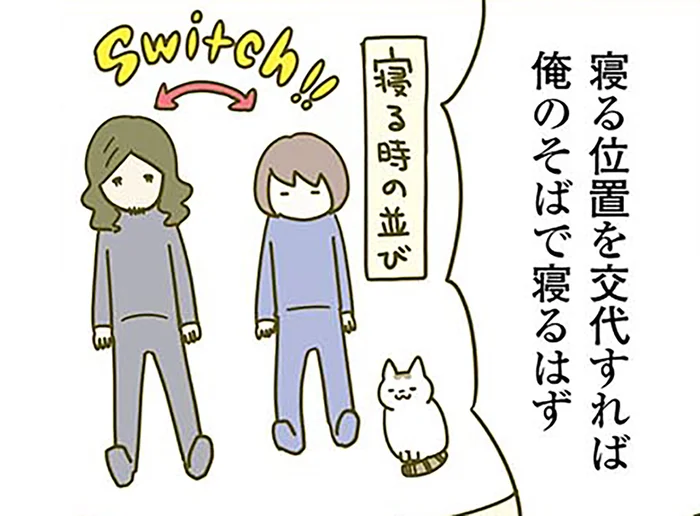 愛猫の寝る定位置に不満を抱く夫。自分に寄ってきてもらうための作戦の結果は？／うちの猫がまた変なことしてる。2（5）