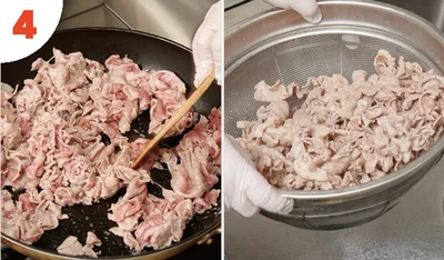 フライパンで豚肉を焼く