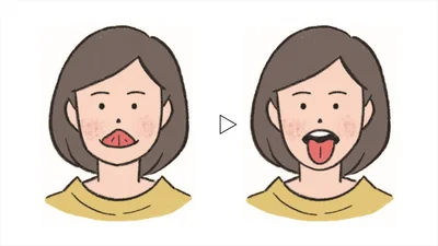 「舌伸ばし」は、舌を上に伸ばす(左)と下に伸ばす(右)を交互に繰り返すストレッチ