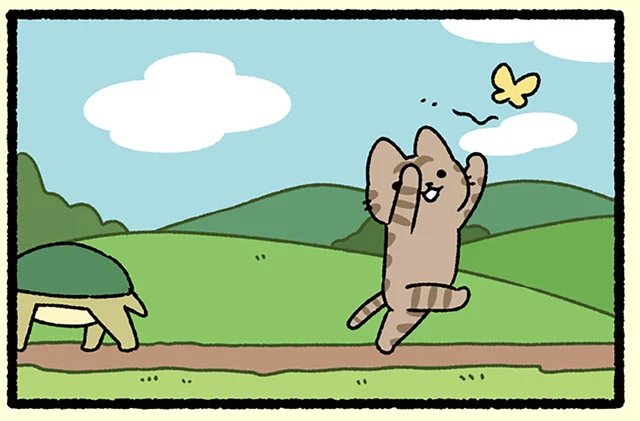【うさぎとカメとねこ】もはや勝負になりません!? 山までの競争の結果やいかに／ねこむかしばなし（13）