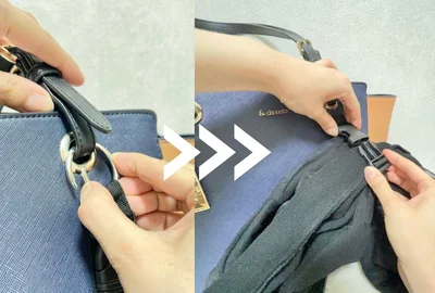 バッグに取り付けられるジャケットホルダー　実際につけると？▶