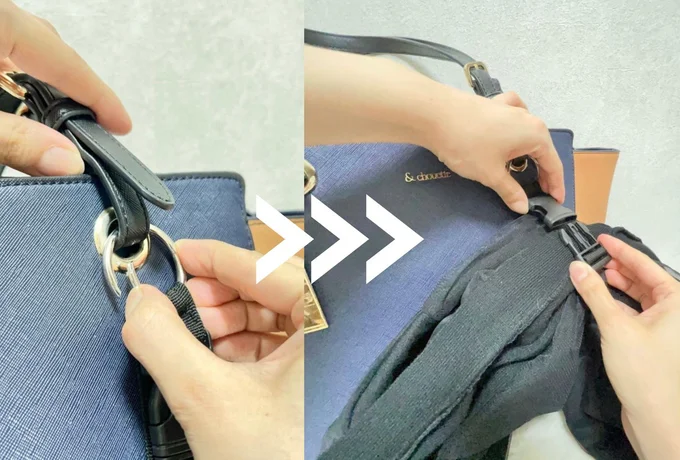 バッグに取り付けられるジャケットホルダー 実際につけると?▶
