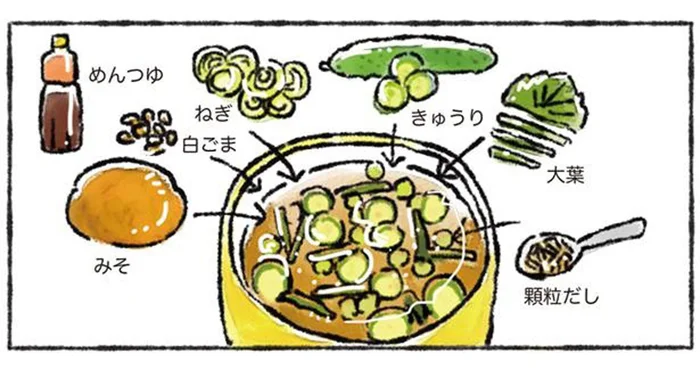 ご飯や豆腐にたっぷりかけて。サラっと食べられる「野菜たっぷり冷や汁」／カワウソ一家のしあわせごはん（5）