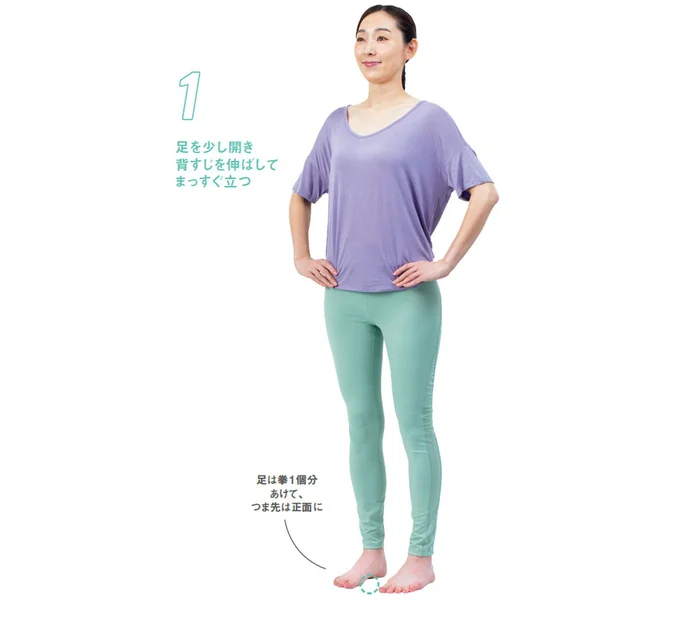 1. 筋肉を刺激して代謝アップ「アイ~ンポーズ」。まずはまっすぐ立つ。このあと、アイ〜ン!(▶︎次へ)