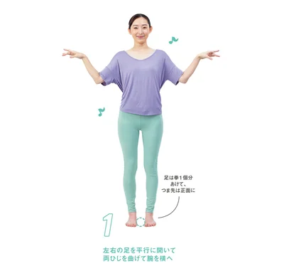 1．左右の足を平行に開いて両ひじを曲げて腕を横へ。サンバを踊るスタンバイ！（▶︎次へ）