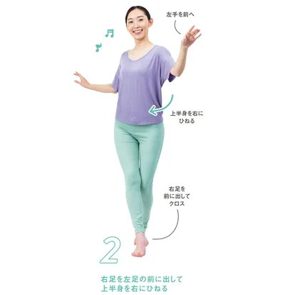 2．右足を左足の前に出して上半身を右にひねる。一度、1の姿勢に戻る。（▶︎次へ）