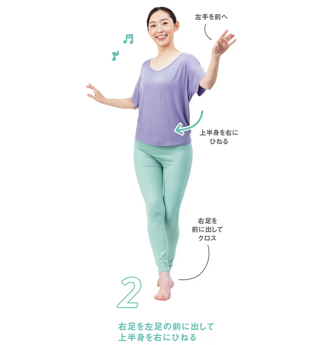 2.右足を左足の前に出して上半身を右にひねる。一度、1の姿勢に戻る。(▶︎次へ)
