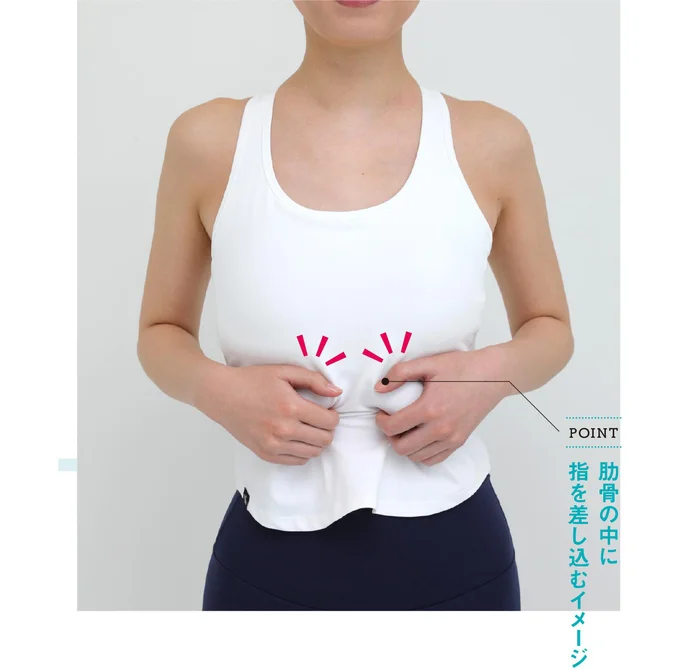 みぞおちの骨に沿って4本の指を押し当てて刺激する