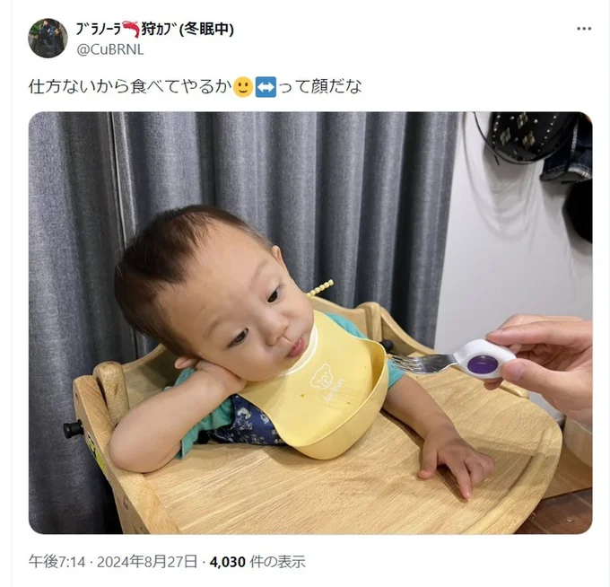 仕方ないから食べてやるかって顔▶子どもが急に静かだなと思ったら(⇒次へ)