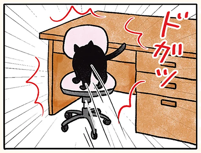 キャスター付き椅子の上に勢いよく飛び乗った猫。案の定動き出してしまい／黒猫ナノとキジシロ猫きなこ（2）