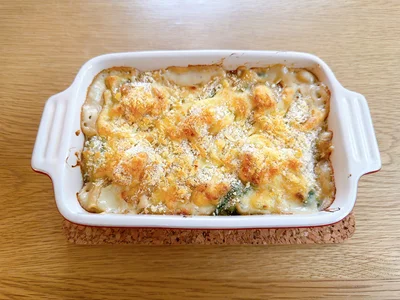 「えびとほうれん草の和風マカロニグラタン」が完成！