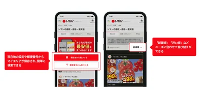 現在地の設定や郵便番号を入力するだけで、購入したい食材や商品の価格を比較できる