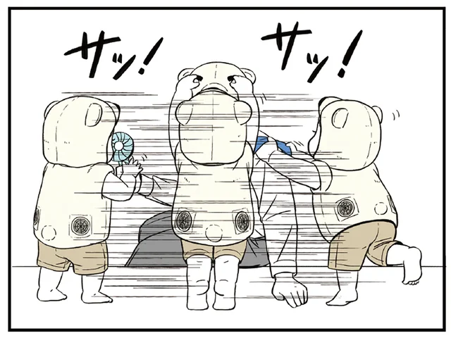 ハンディファン、日傘、被り物!?出勤するお父さんへの完ぺきな暑さ対策／着ぐるみ家族（3）
