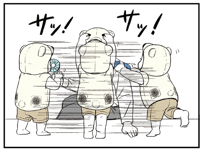 ハンディファン、日傘、被り物!?出勤するお父さんへの完ぺきな暑さ対策／着ぐるみ家族（3）