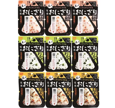 尾西食品 携帯おにぎり 鮭・五目おこわ・わかめ うるち米 3袋×3種 (非常食・保存食)