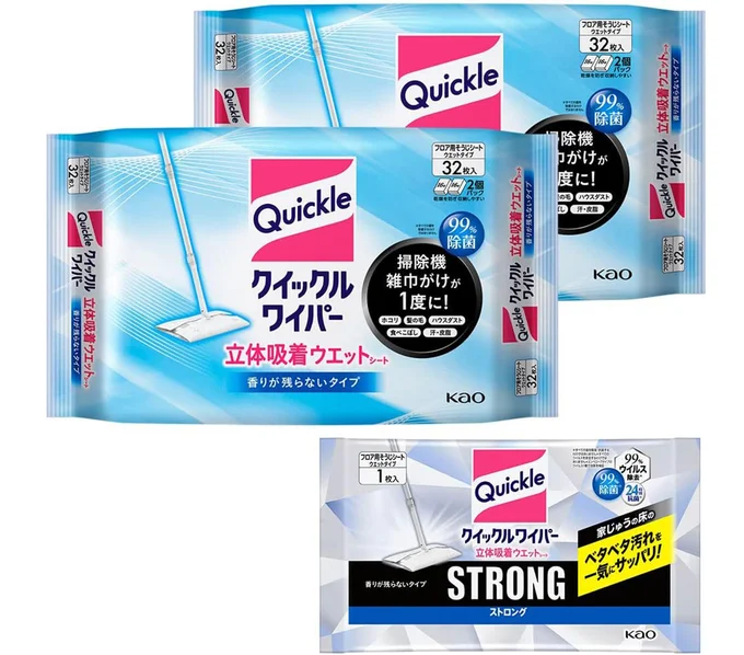 【まとめ買い】クイックルワイパー立体吸着ウエットシート 香りが残らないタイプ ３２枚×２個 ストロング１枚シート付