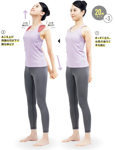 まっすぐ立ち、お尻の後ろで手を組む