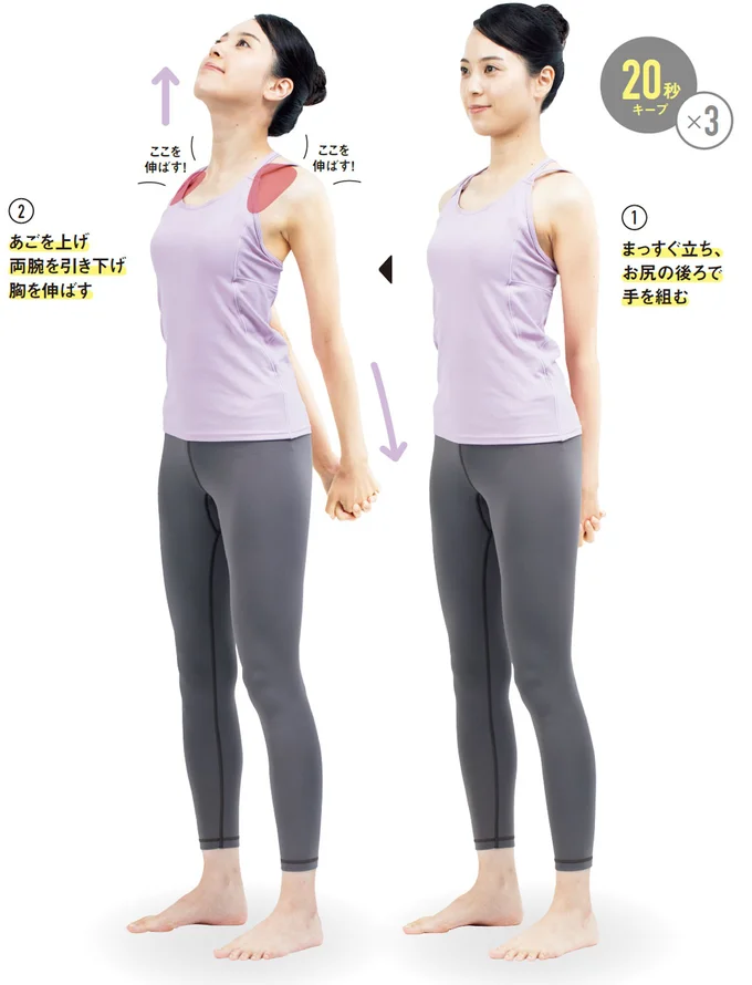 まっすぐ立ち、お尻の後ろで手を組む