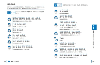 各ジャンルの末尾には、「まとめ会話」が載っており、その章で学んだ表現が対話として学べます