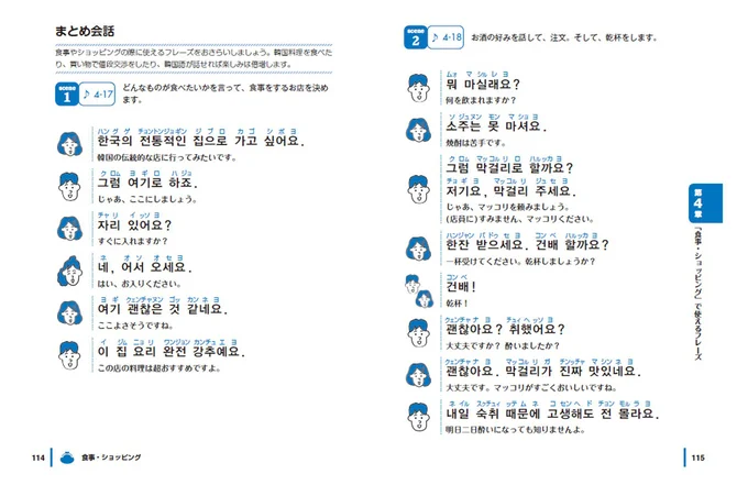 各ジャンルの末尾には、「まとめ会話」が載っており、その章で学んだ表現が対話として学べます