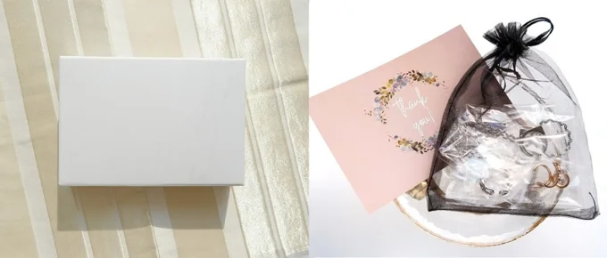 アクセサリーは立体のボックスやメッシュの巾着など、丁寧に包装されています