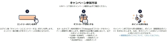 キャンペーンに参加する方法はこれ！注意点としては、必ずエントリーをする、Eメールタイプ・PDF印刷タイプのAmazonギフトカードをキャンペーン期間中に購入すること！