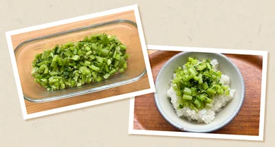 大根の葉炒め／ごはん、味噌汁、納豆などにのせれば、食事の栄養価を上げてくれる頼もしい存在。よく洗って水気を切り、細かく刻んだ大根の葉をごま油で炒め、しんなりしてきたら塩少々で薄味を付けます。保存期間は冷蔵で3～4日。