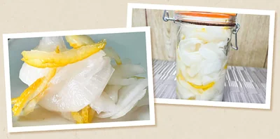 酢大根／大根と酢の健康的な常備菜です。大根は皮を薄くむき、イチョウ切りにして塩少々でもみ、保存容器に酢、出汁、昆布や煮干し、好みでゆずや唐辛子とともに入れて冷蔵庫へ。一晩置けば食べごろになり、保存期間は冷蔵で1ヶ月ほど。